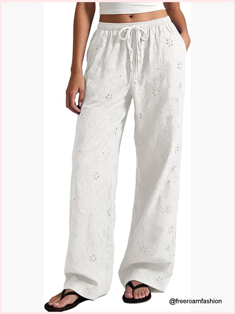 Floral Embroidered Wide Leg Palazzo Pants Cutout Design Casual Summer